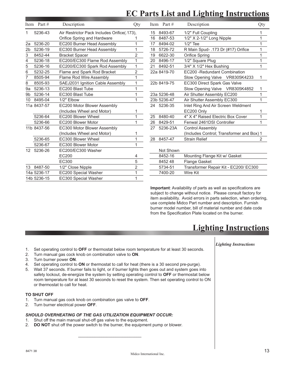 Ec parts list and lighting instructions, Lighting instructions | Midco EC200 & EC300 User Manual | Page 13 / 14