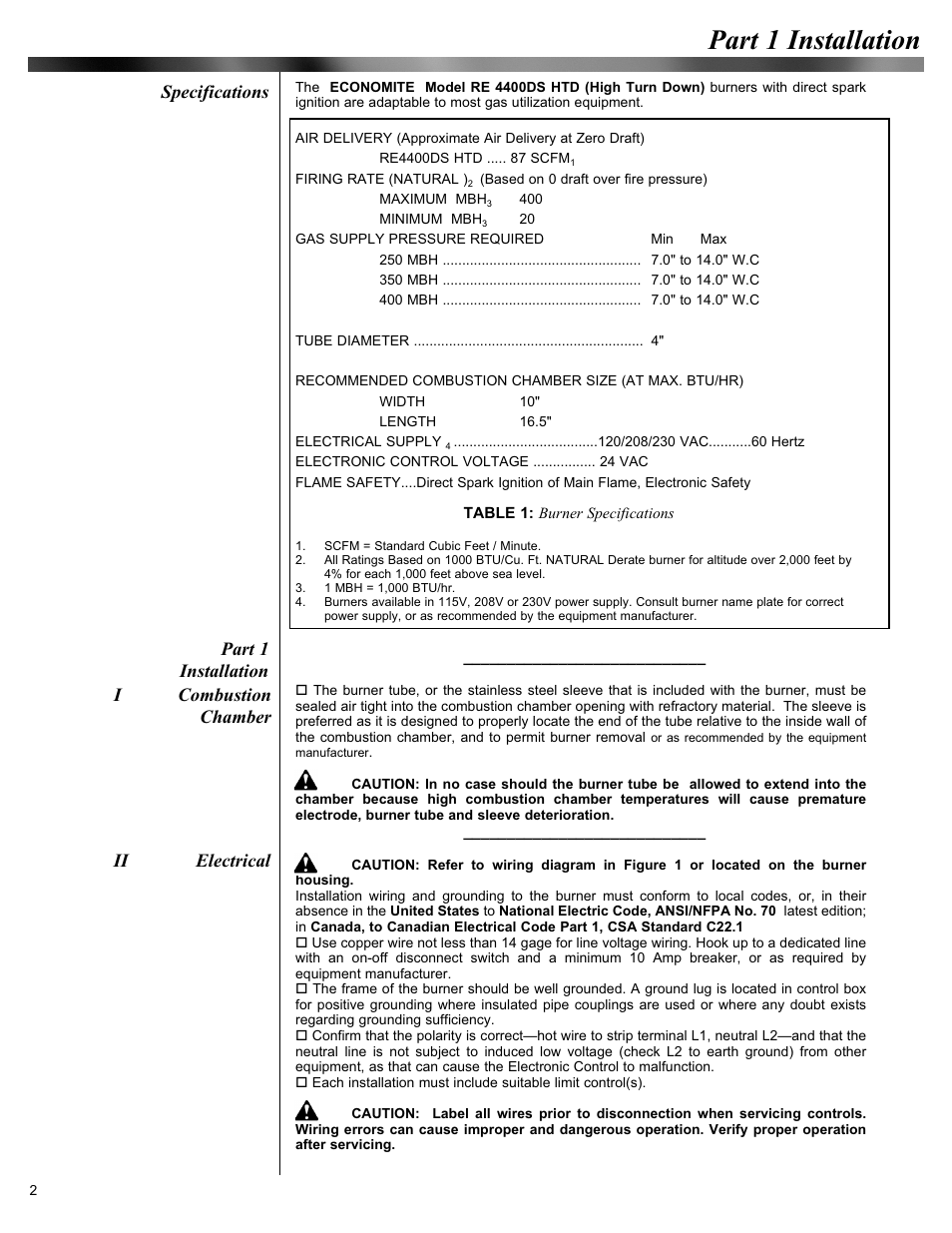 Part 1 installation, Specifications, Icombustion chamber ii electrical | Midco Economite RE4400DS HTD User Manual | Page 2 / 8