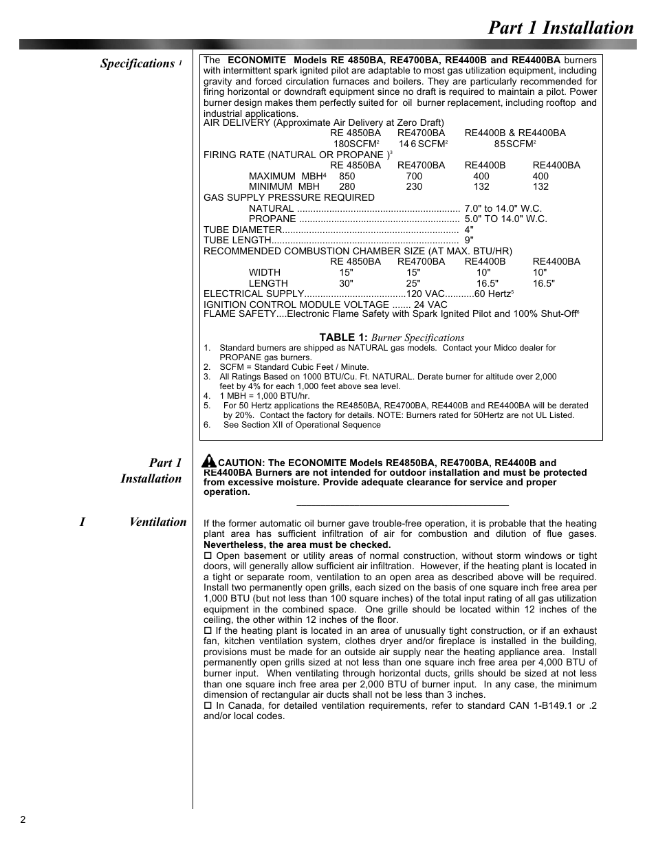 Part 1 installation, Specifications, Iventilation | Midco Economite RE4400B / RE4400BA User Manual | Page 2 / 16