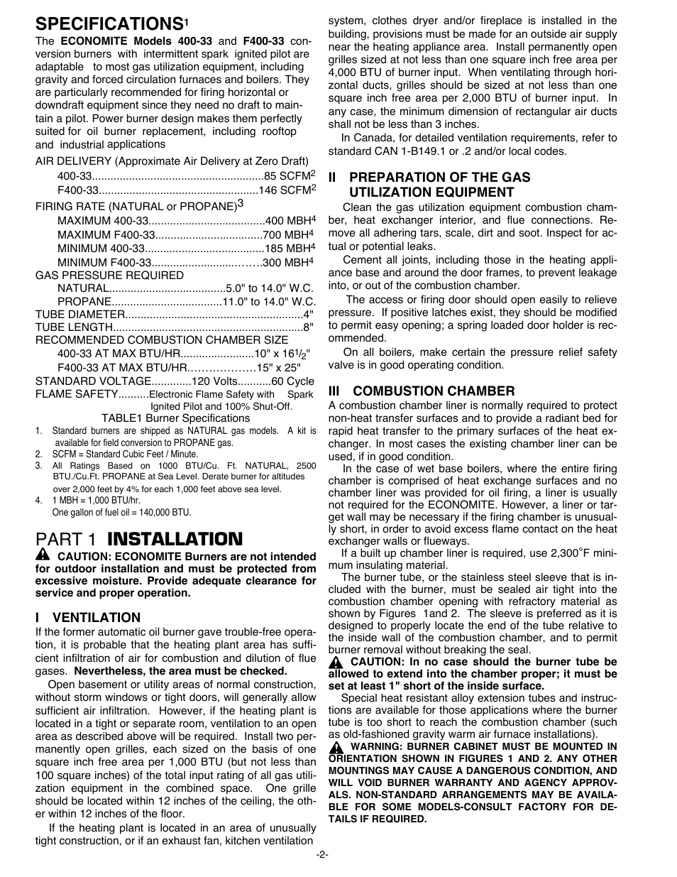 Specifications, Part 1 installation | Midco F400-33 User Manual | Page 2 / 10