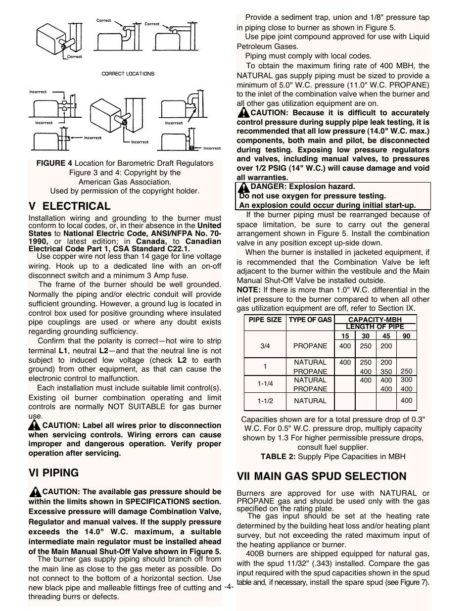 V electrical, Vi piping, Vii main gas spud selection | Midco 400B-33 User Manual | Page 4 / 9