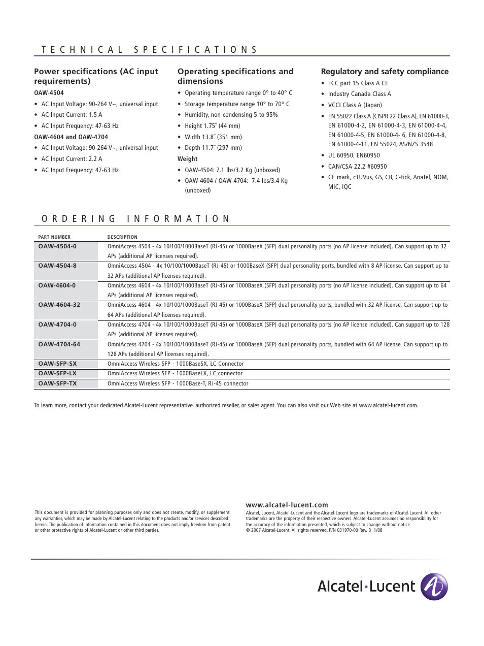 Power specifications (ac input requirements), Operating specifications and dimensions, Regulatory and safety compliance | Alcatel-Lucent OmniAccess 4604 User Manual | Page 4 / 4