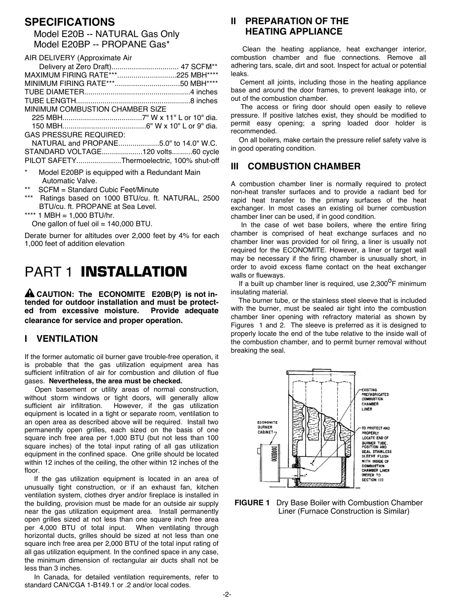 Part 1 installation, Specifications | Midco E20BP User Manual | Page 2 / 8