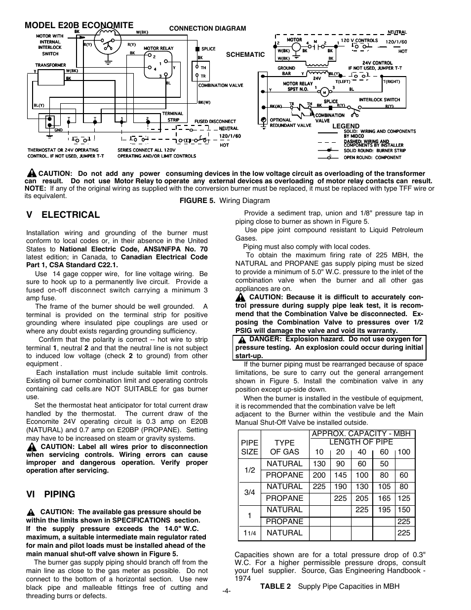 Velectrical, Vi piping, Model e20b economite | Figure 5. wiring diagram, Connection diagram, Schematic, Legend | Midco E20BP User Manual | Page 4 / 8