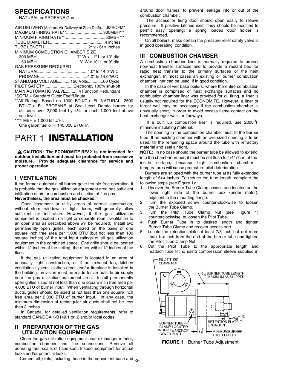 Part 1 installation, Specifications, Iii combustion chamber | I ventilation, Ii preparation of the gas utilization equipment | Midco RE32 User Manual | Page 2 / 8