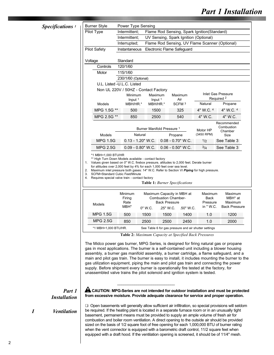 Part 1 installation, Specifications, Iventilation | Midco Unipower MPG Series User Manual | Page 2 / 15