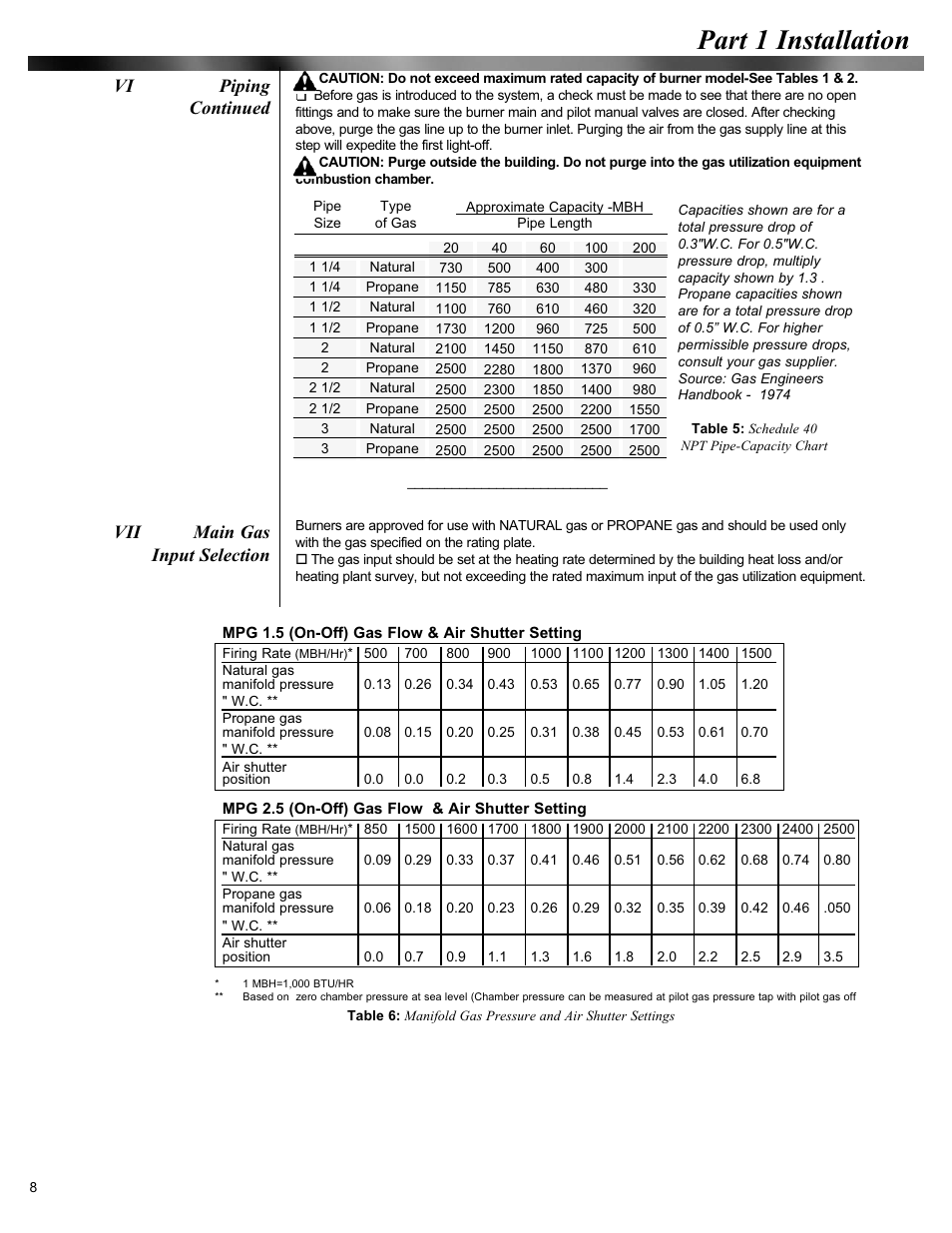 Part 1 installation, Vii main gas input selection vi piping continued | Midco Unipower MPG Series User Manual | Page 8 / 15