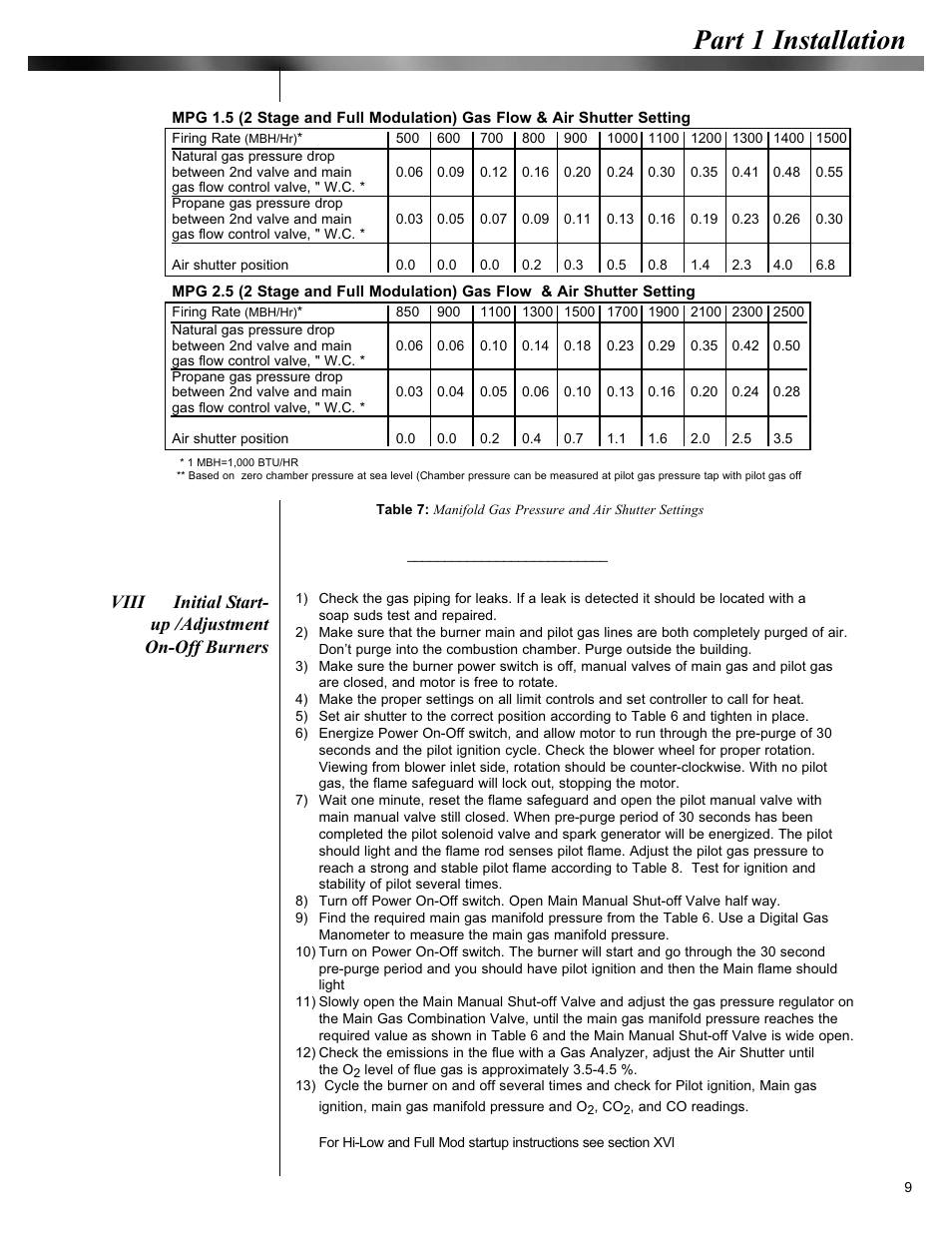 Part 1 installation, Viii initial start- up /adjustment on-off burners | Midco Unipower MPG Series User Manual | Page 9 / 15