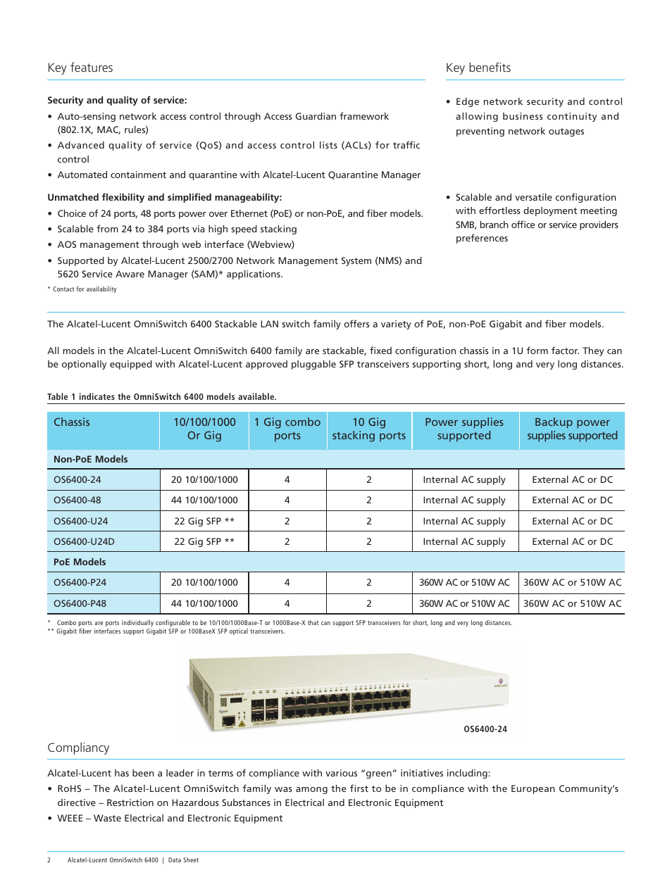 Compliancy, Key features, Key benefits | Alcatel-Lucent 6400 User Manual | Page 2 / 8