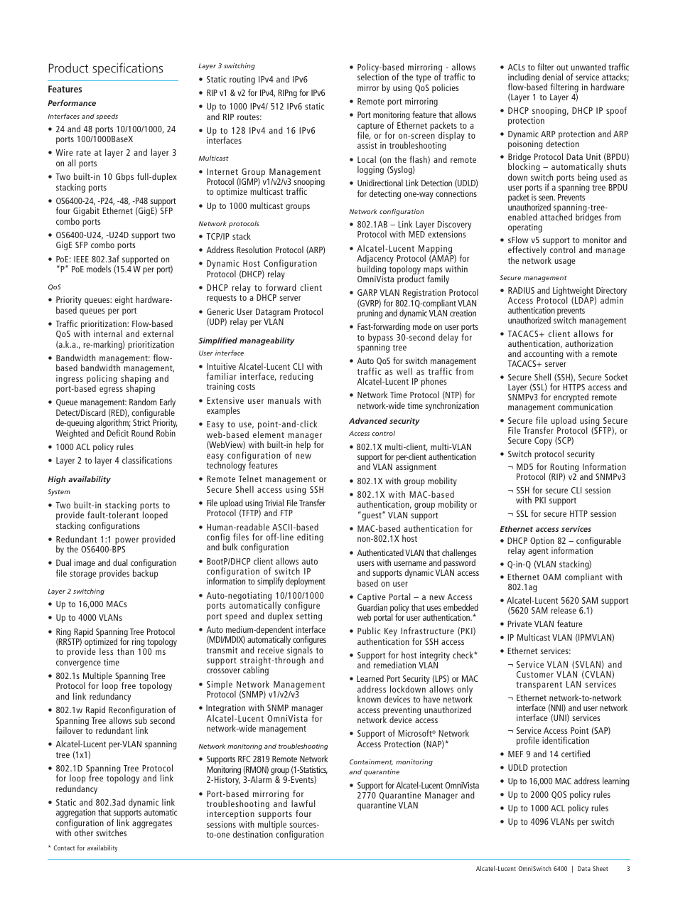 Product specifications | Alcatel-Lucent 6400 User Manual | Page 3 / 8