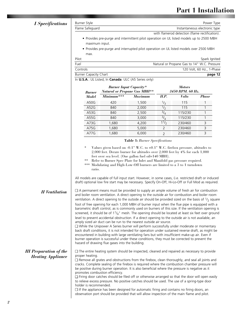 Part 1 installation, I specifications | Midco Unipower A-Series User Manual | Page 2 / 12