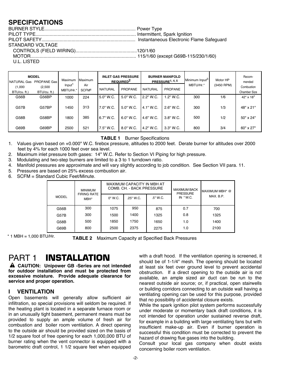 Part 1 installation, Specifications, I ventilation | Midco G69B User Manual | Page 2 / 12