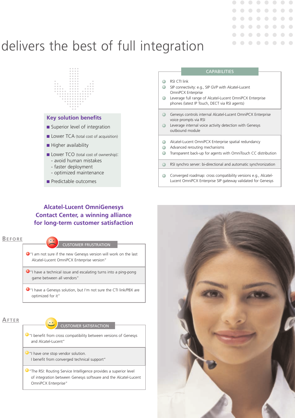 Delivers the best of full integration, Key solution benefits, Superior level of integration | Lower tca, Higher availability, Lower tco, Predictable outcomes | Alcatel-Lucent OmniGenesys User Manual | Page 7 / 8