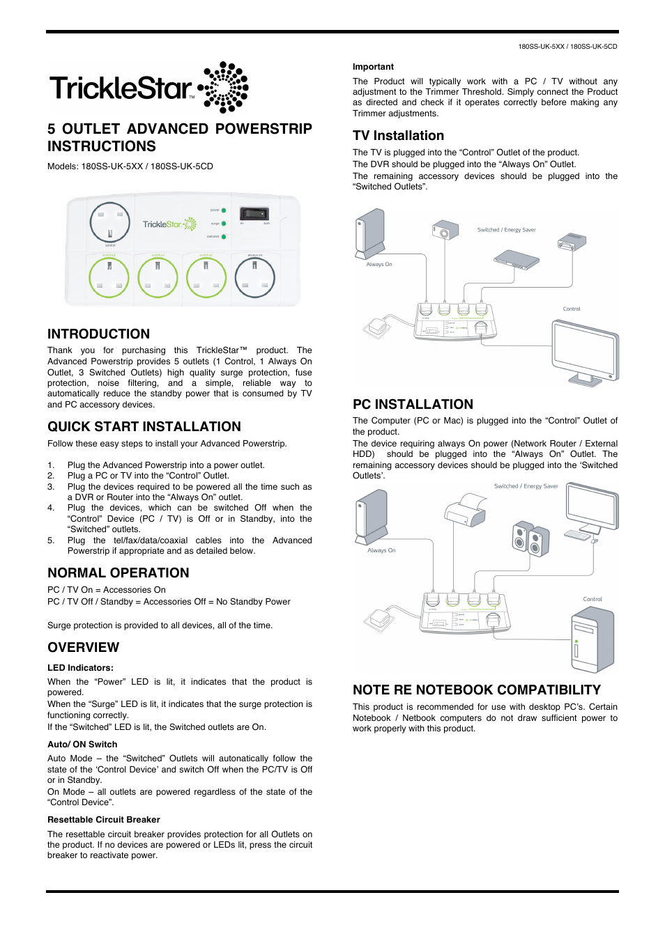 TrickleStar 5 Outlet Advanced PowerStrip, 3672 Joules, Data/Tel/Aerial Protection User Manual | 3 pages