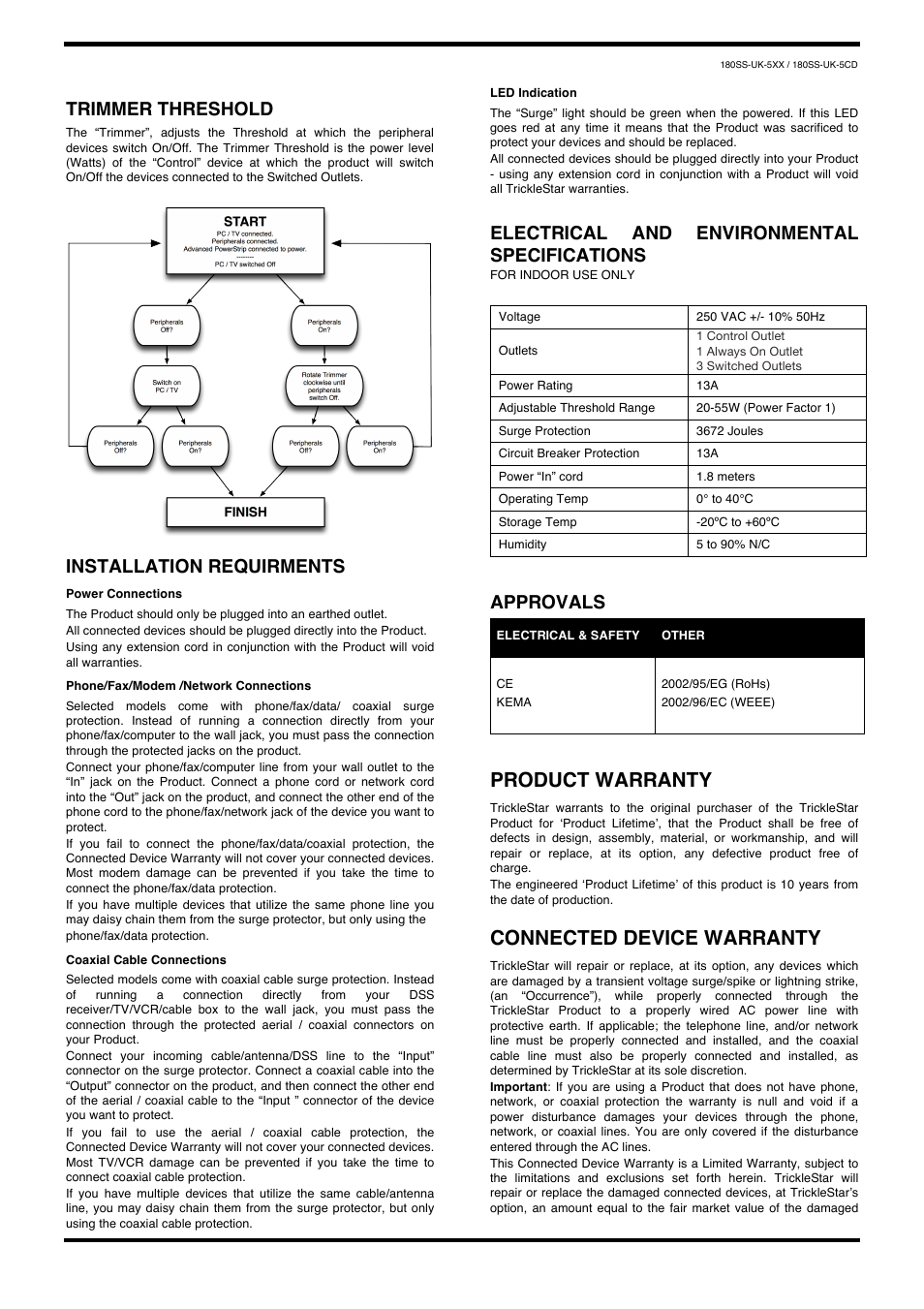 Product warranty, Connected device warranty, Trimmer threshold | Installation requirments, Electrical and environmental specifications, Approvals | TrickleStar 5 Outlet Advanced PowerStrip, 3672 Joules, Data/Tel/Aerial Protection User Manual | Page 2 / 3