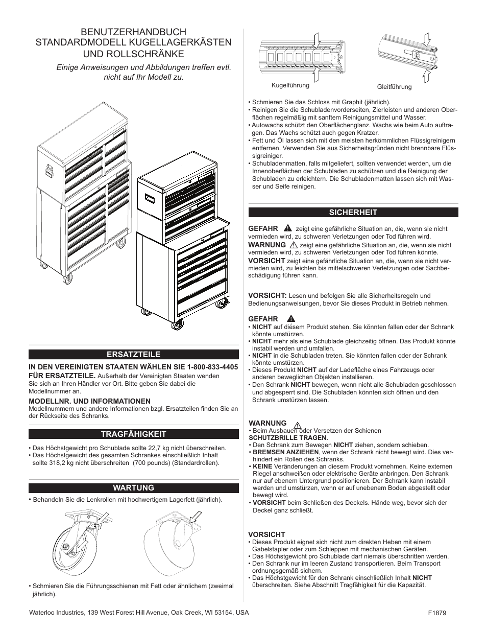 Benutzerhandbuch, Standardmodell kugellagerkästen und rollschränke | Waterloo F1879 User Manual | Page 16 / 20