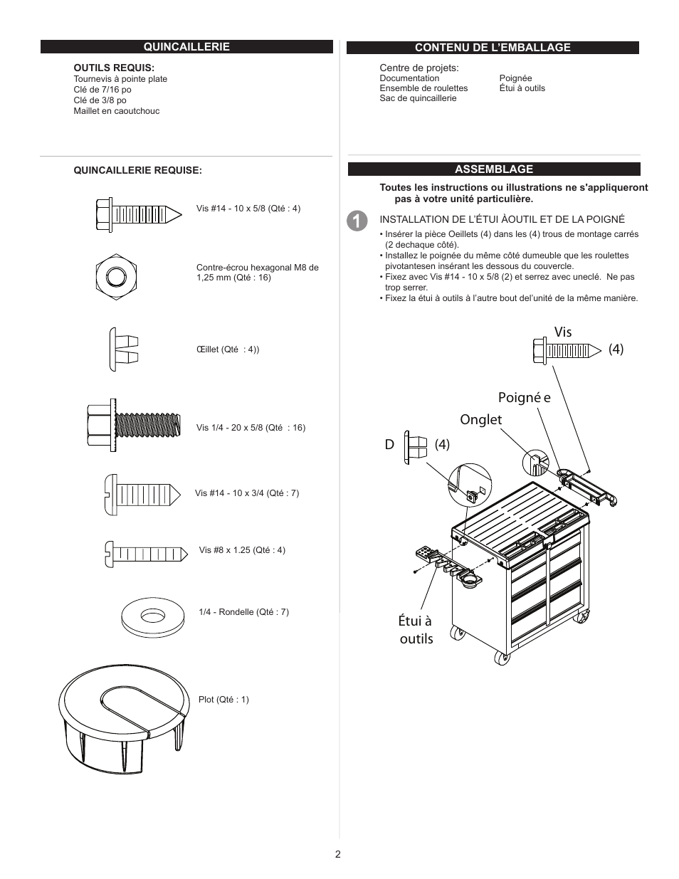 Vis (4) poigné e d (4) étui à outils onglet | Waterloo F1882 User Manual | Page 12 / 20