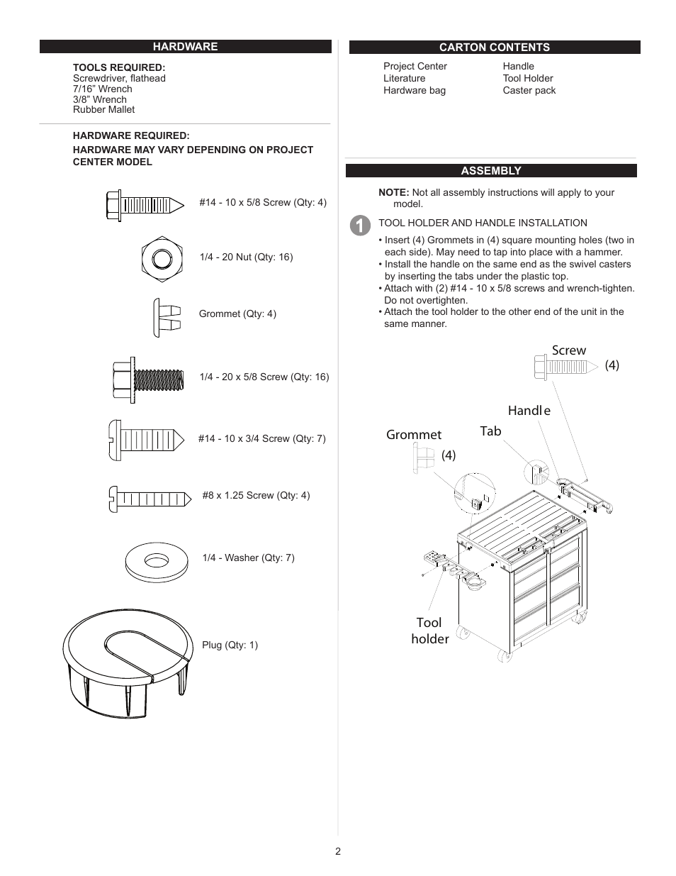Screw (4) handle grommet (4) tab tool holder | Waterloo F1882 User Manual | Page 2 / 20