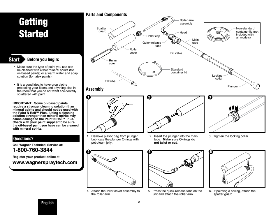 Getting started, Start, Before you begin | Questions, Parts and components assembly | Wagner Paint-N-Roll Plus User Manual | Page 2 / 8