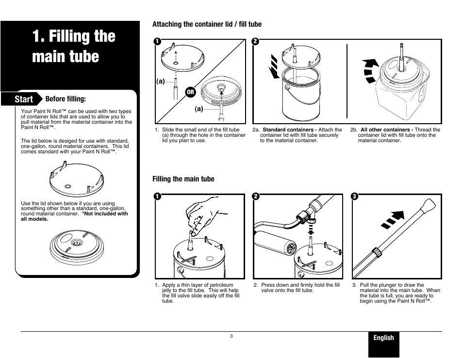 Filling the main tube, Start | Wagner Paint-N-Roll Plus User Manual | Page 3 / 8