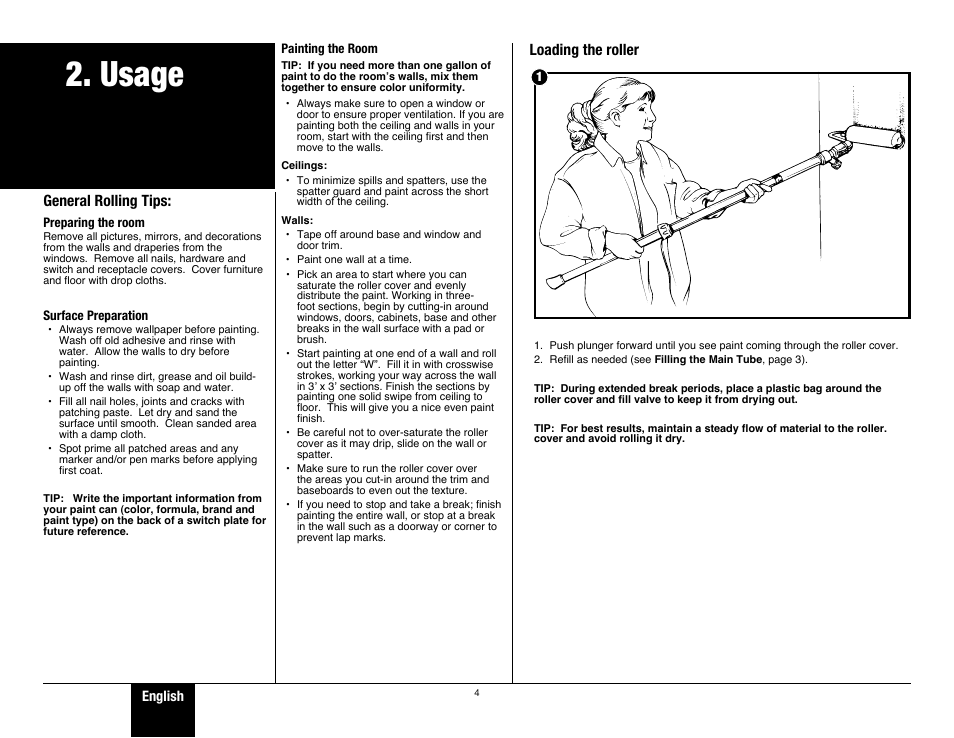 Usage, General rolling tips, Loading the roller | Wagner Paint-N-Roll Plus User Manual | Page 4 / 8