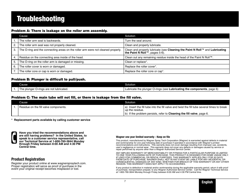 Troubleshooting, Product registration, English | Wagner Paint-N-Roll Plus User Manual | Page 7 / 8