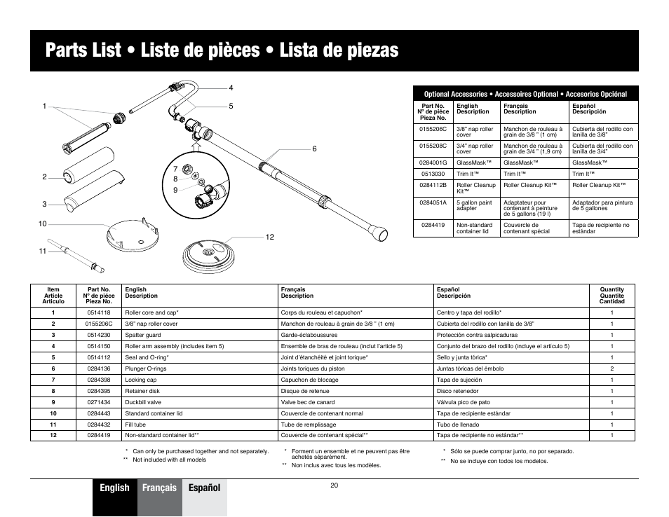 Parts list • liste de pièces • lista de piezas, English français español | Wagner Paint-N-Roll Plus User Manual | Page 8 / 8