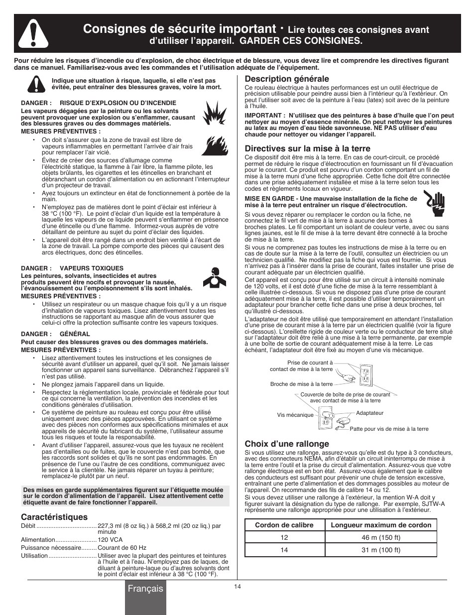 Consignes de sécurite important, Français, Caractéristiques | Description générale, Directives sur la mise à la terre, Choix d’une rallonge | Wagner Power_Roller_Max User Manual | Page 14 / 40