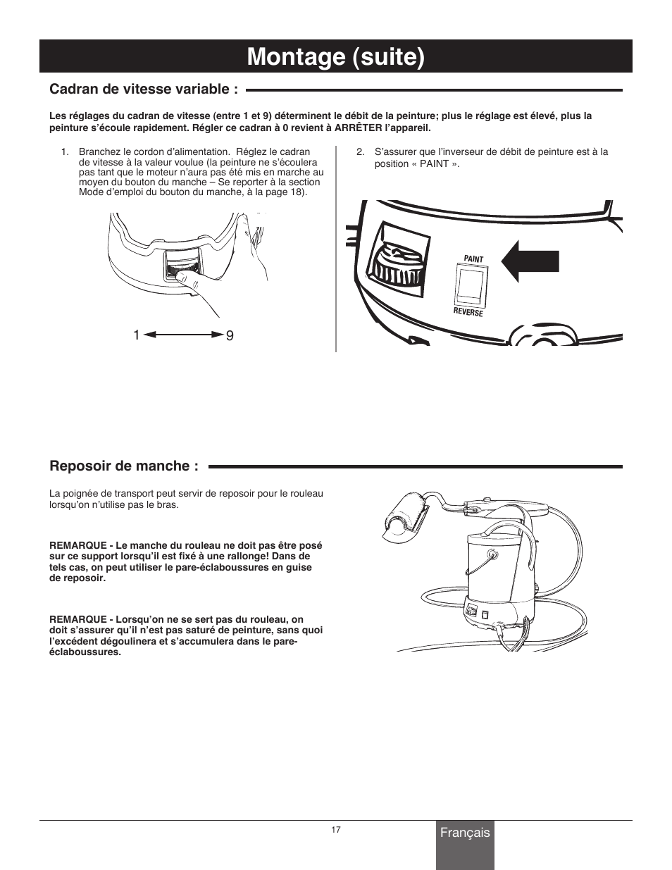 Montage (suite), Cadran de vitesse variable : reposoir de manche | Wagner Power_Roller_Max User Manual | Page 17 / 40