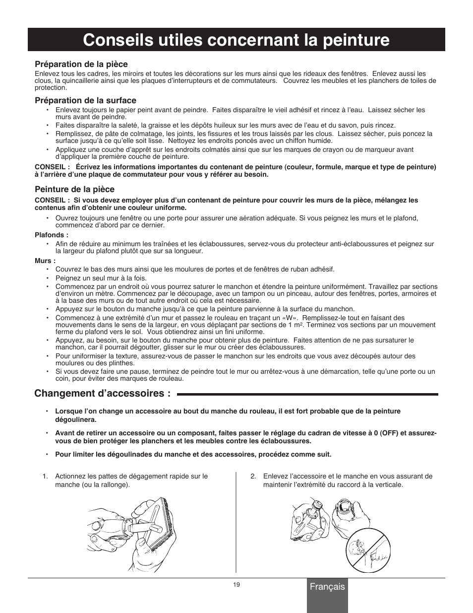 Conseils utiles concernant la peinture, Changement d’accessoires | Wagner Power_Roller_Max User Manual | Page 19 / 40