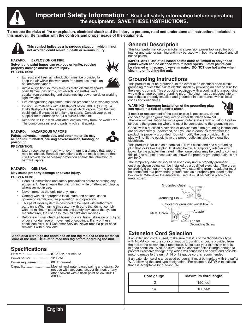 Important safety information, Specifications, General description | Grounding instructions, Extension cord selection, English | Wagner Power_Roller_Max User Manual | Page 2 / 40