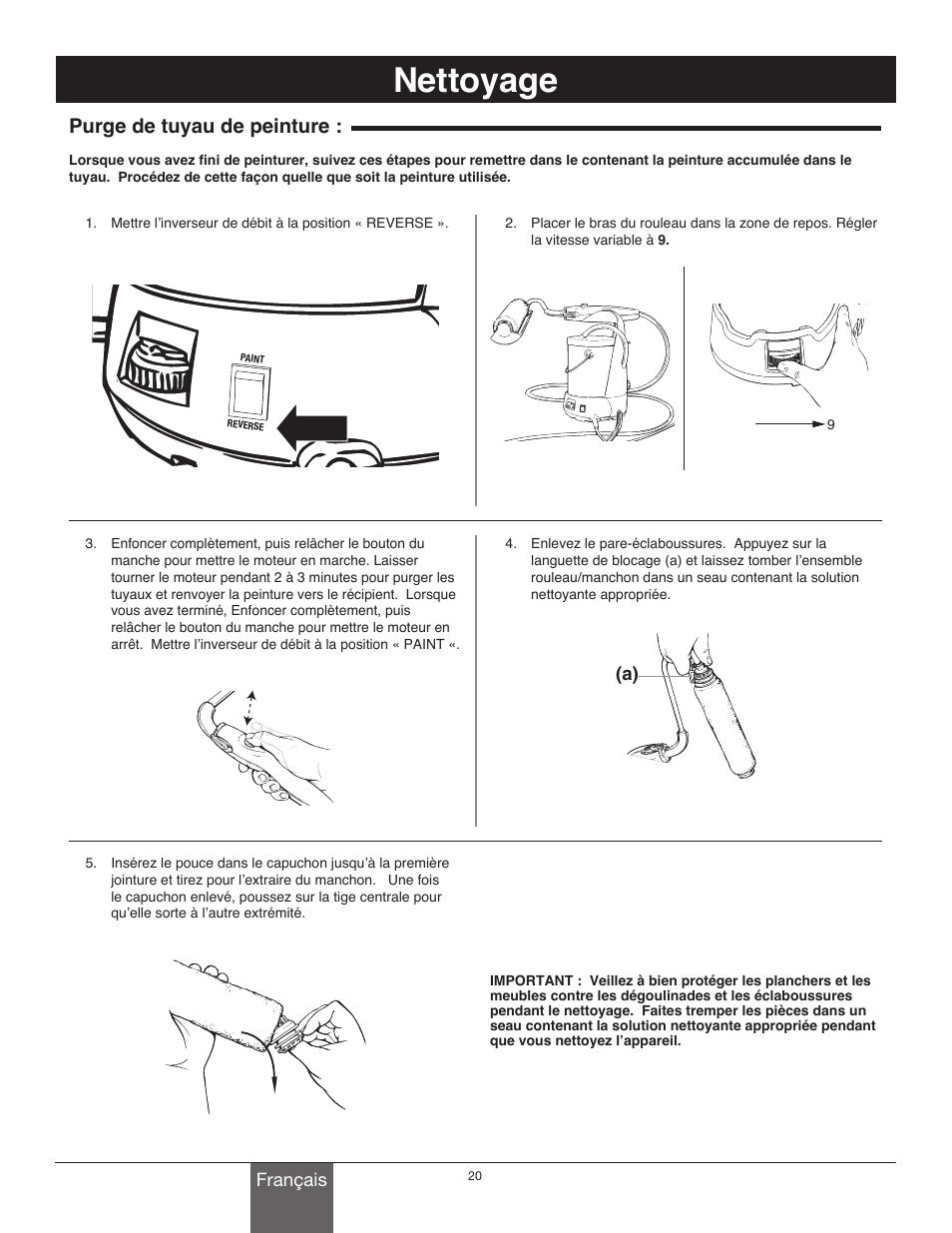 Nettoyage, Purge de tuyau de peinture | Wagner Power_Roller_Max User Manual | Page 20 / 40