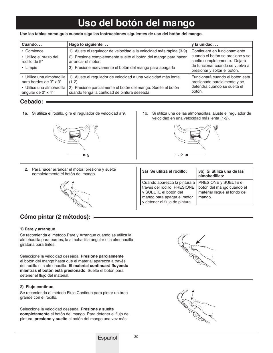 Uso del botón del mango, Cebado: cómo pintar (2 métodos), Español | Wagner Power_Roller_Max User Manual | Page 30 / 40