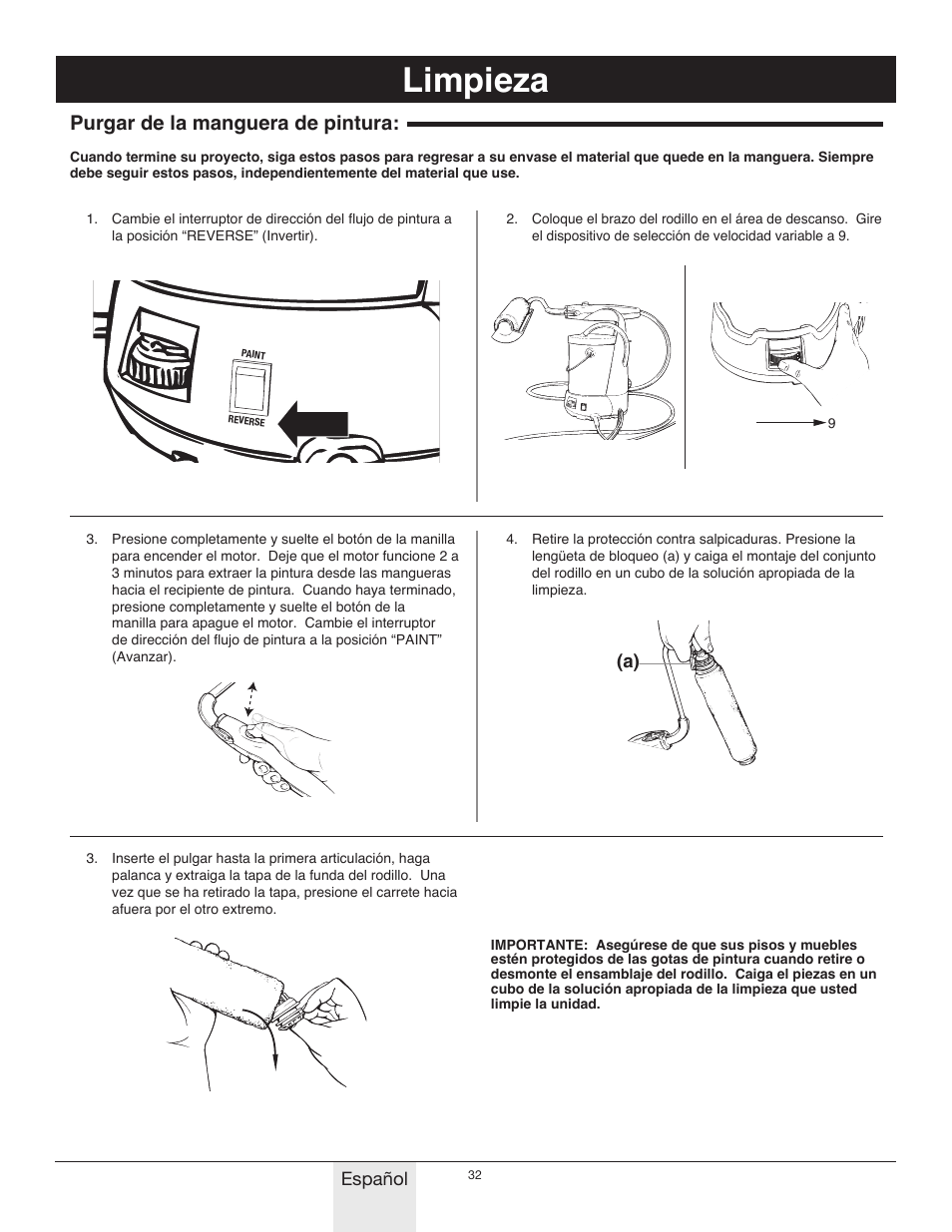 Limpieza, Purgar de la manguera de pintura, Español | Wagner Power_Roller_Max User Manual | Page 32 / 40