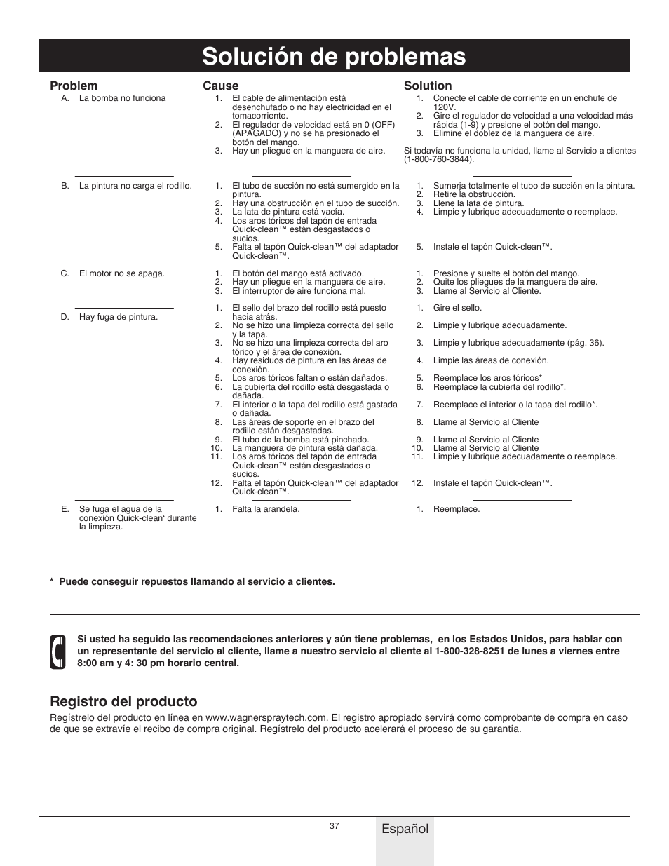 Solución de problemas, Registro del producto, Español | Problem, Cause, Solution | Wagner Power_Roller_Max User Manual | Page 37 / 40