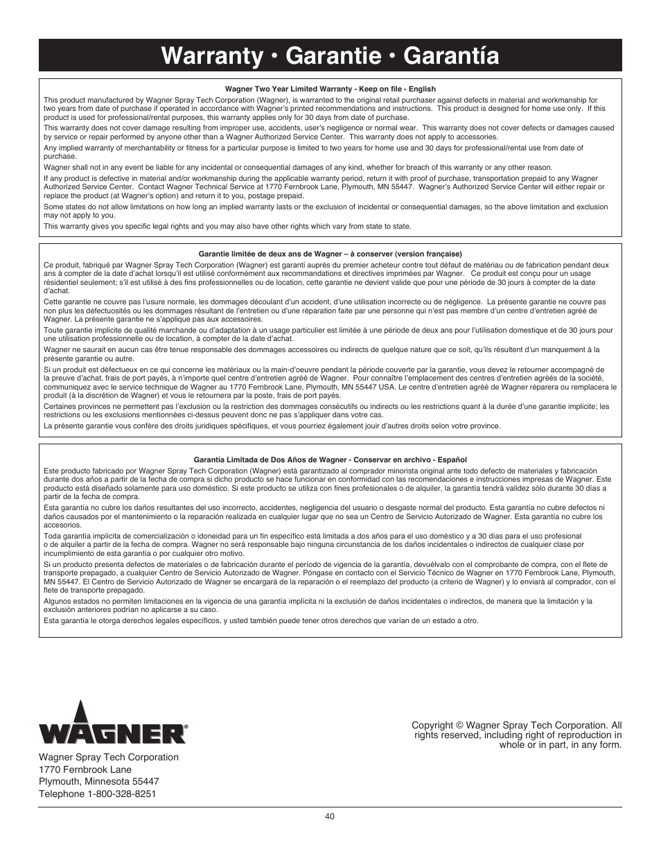 Warranty • garantie • garantía | Wagner Power_Roller_Max User Manual | Page 40 / 40