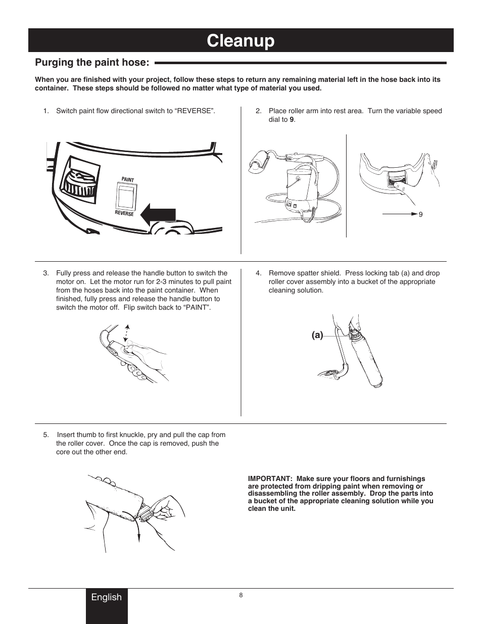 Cleanup, Purging the paint hose | Wagner Power_Roller_Max User Manual | Page 8 / 40
