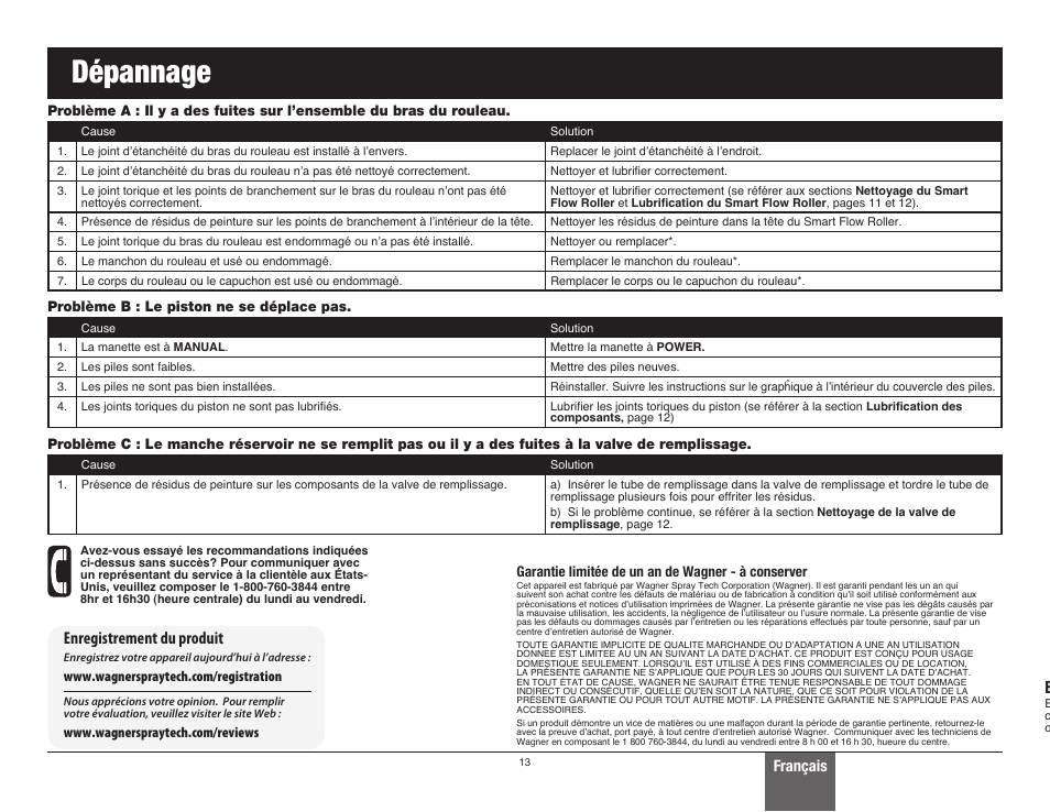 Dépannage, Enregistrement du produit, Français | Wagner SMART Flow Roller User Manual | Page 13 / 20