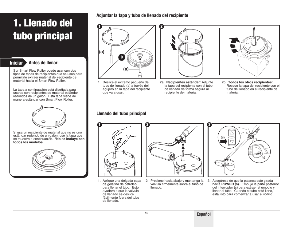 Llenado del tubo principal, Iniciar, Antes de llenar | Wagner SMART Flow Roller User Manual | Page 15 / 20