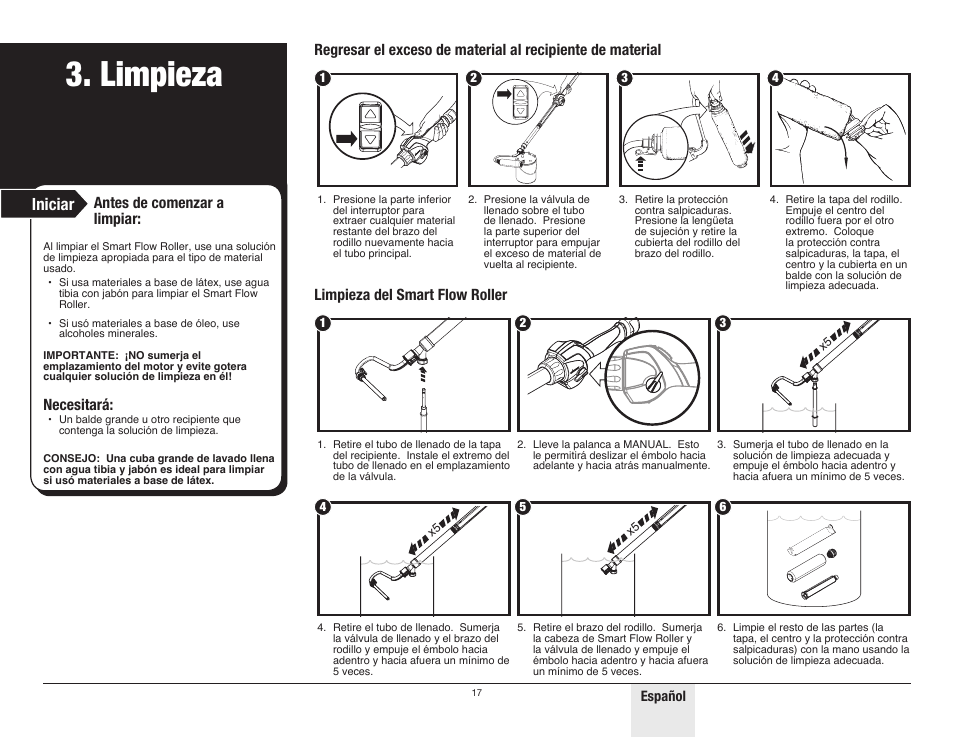 Limpieza, Iniciar, Antes de comenzar a limpiar | Necesitará | Wagner SMART Flow Roller User Manual | Page 17 / 20
