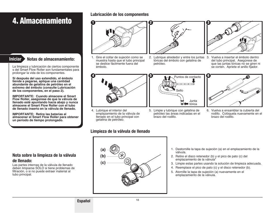 Almacenamiento, Iniciar, Nota sobre la limpieza de la válvula de llenado | Notas de almacenamiento | Wagner SMART Flow Roller User Manual | Page 18 / 20