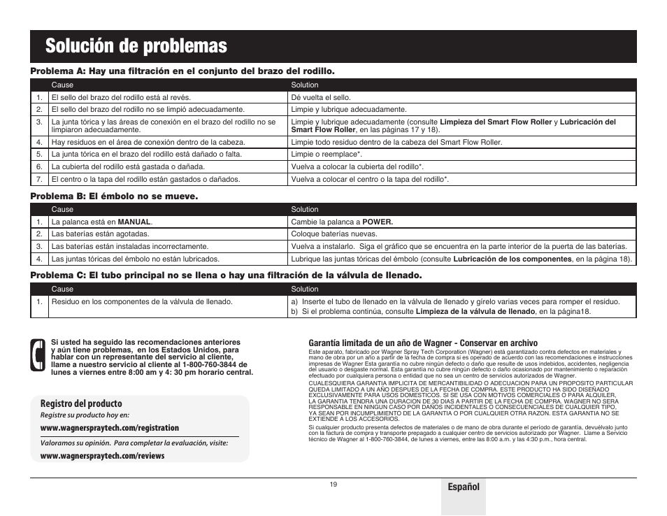 Solución de problemas, Registro del producto, Español | Wagner SMART Flow Roller User Manual | Page 19 / 20