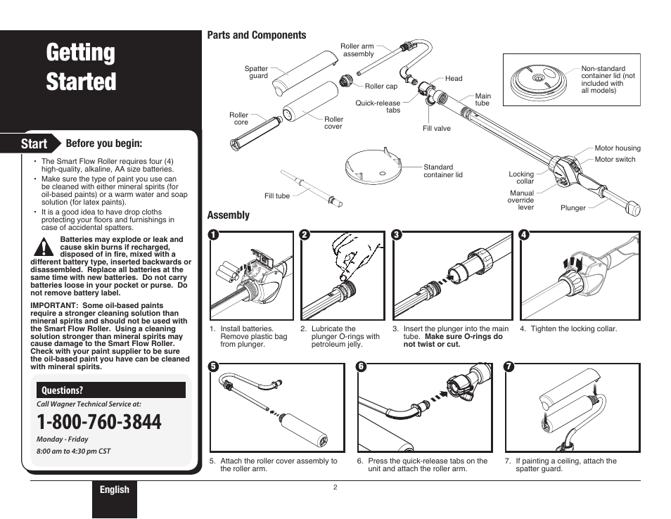 Getting started, Start, Before you begin | Parts and components assembly, Questions | Wagner SMART Flow Roller User Manual | Page 2 / 20