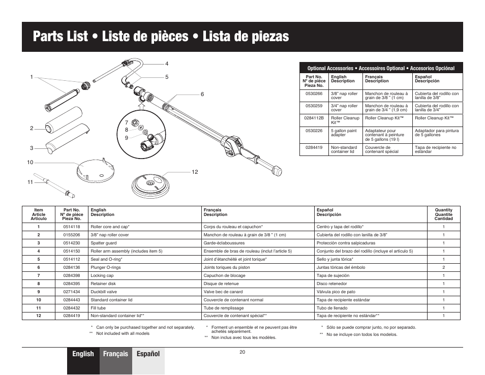 Parts list • liste de pièces • lista de piezas, English français español | Wagner SMART Flow Roller User Manual | Page 20 / 20