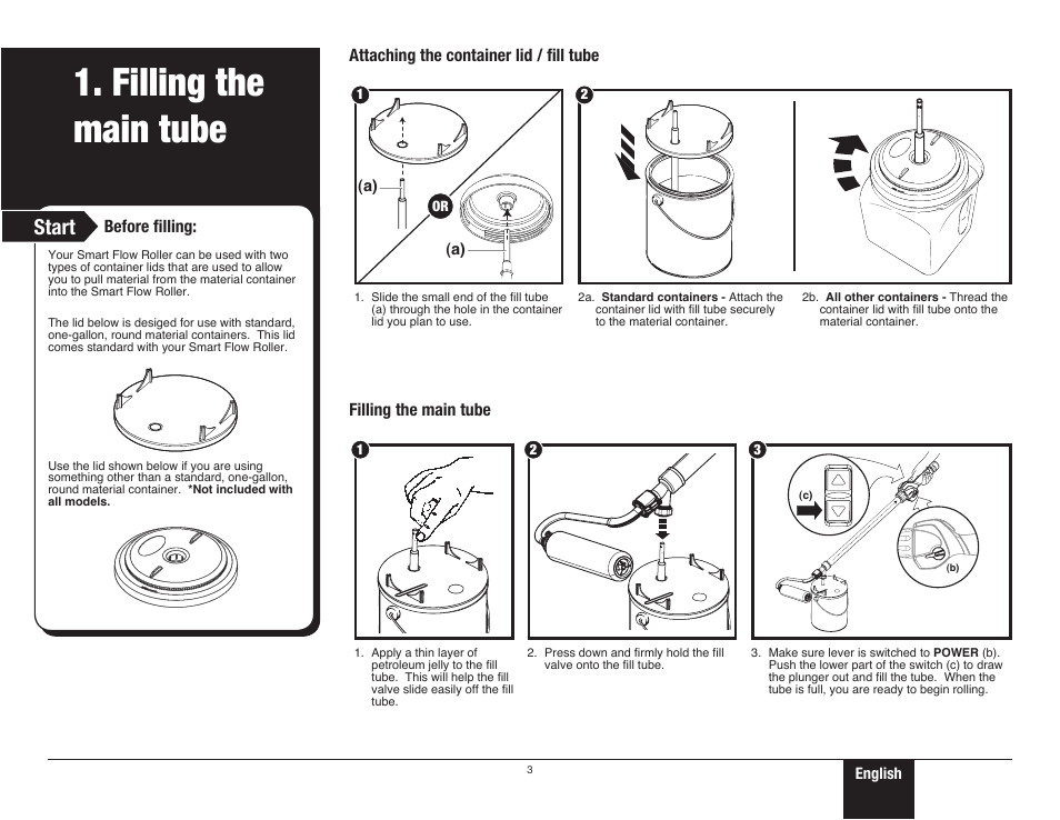 Filling the main tube, Start | Wagner SMART Flow Roller User Manual | Page 3 / 20