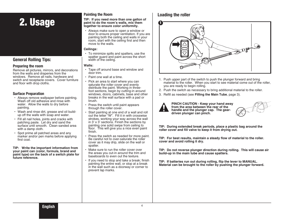 Usage, General rolling tips, Loading the roller | English | Wagner SMART Flow Roller User Manual | Page 4 / 20