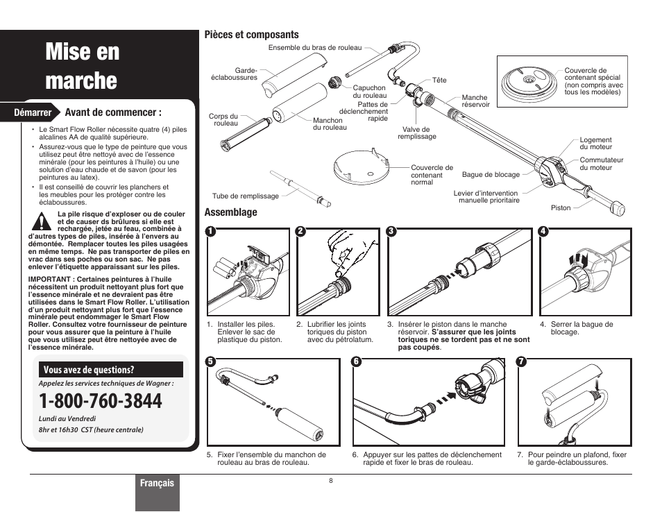 Mise en marche, Pièces et composants assemblage, Avant de commencer | Vous avez de questions | Wagner SMART Flow Roller User Manual | Page 8 / 20