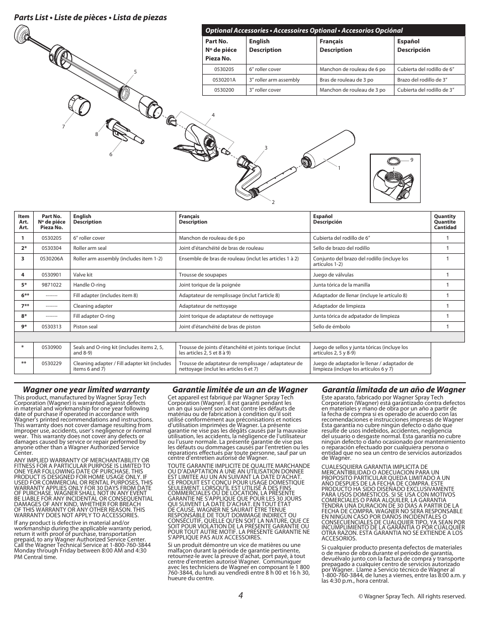 Parts list • liste de pièces • lista de piezas, Wagner one year limited warranty, Garantie limitée de un an de wagner | Garantía limitada de un año de wagner | Wagner SMART Mini Roller User Manual | Page 4 / 4