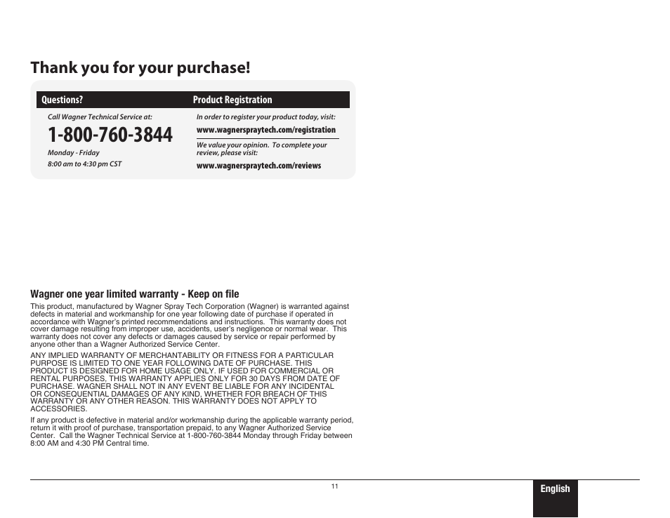 Warranty | Wagner SMART Power Roller System User Manual | Page 11 / 12
