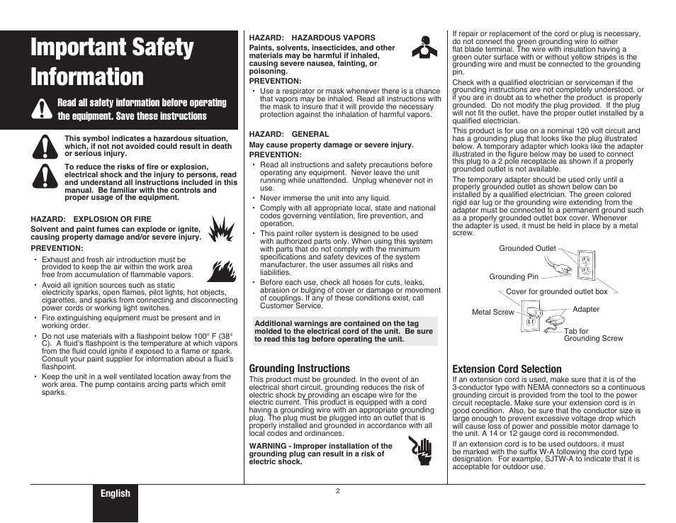 Important safety information, Safety, Safety important safety information | Grounding instructions, Extension cord selection | Wagner SMART Power Roller System User Manual | Page 2 / 12